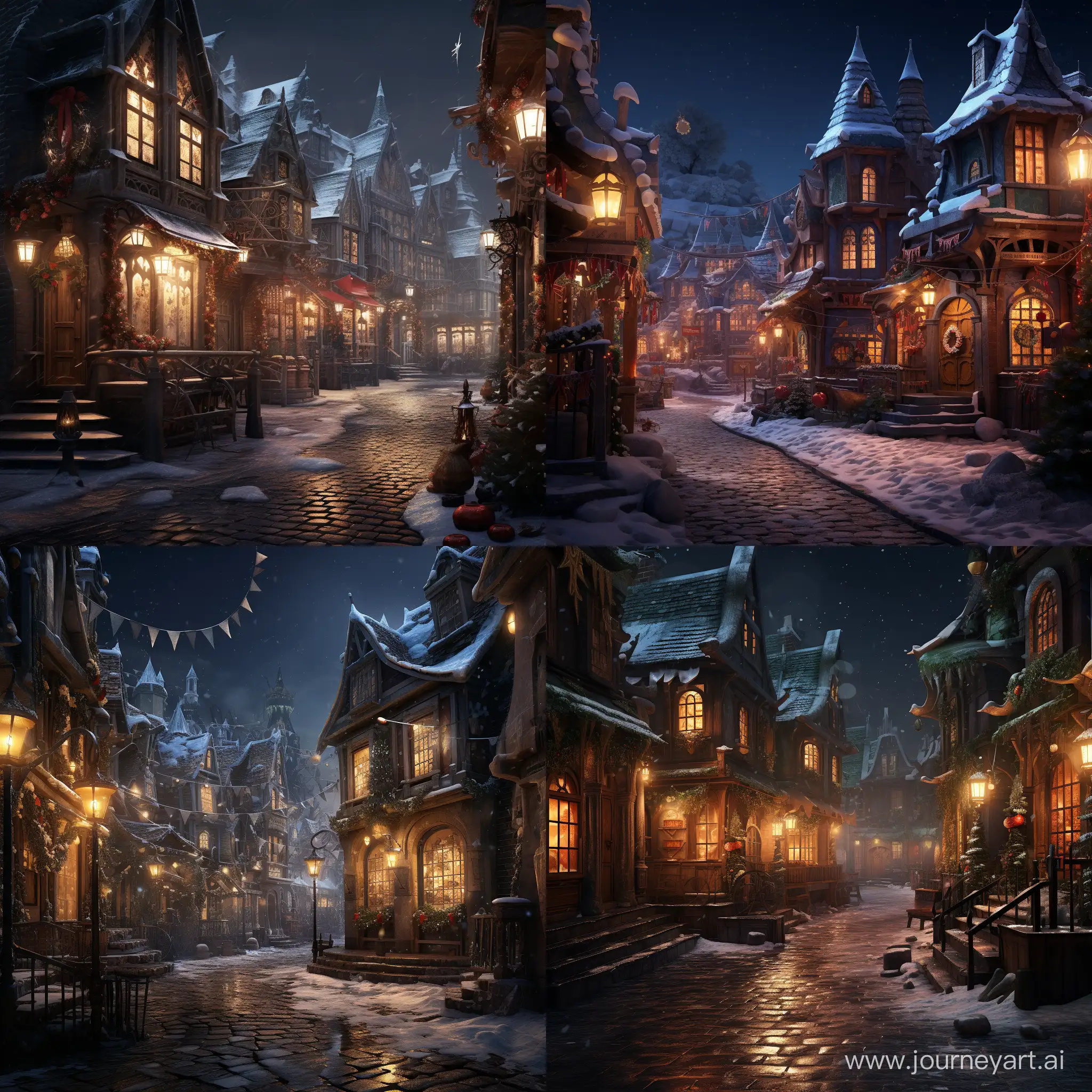the street of the Christmas fantasy city, in the style of Harry Potter , the city of elves and dwarves, by magic, at night