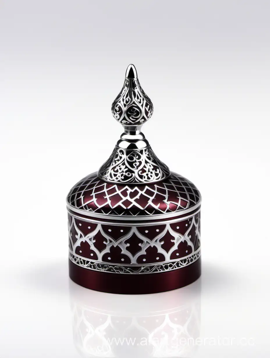 Shiny-Silver-Zamac-Perfume-Bottle-with-Dark-Burgundy-Arabesque-Pattern-Metallizing-Finish