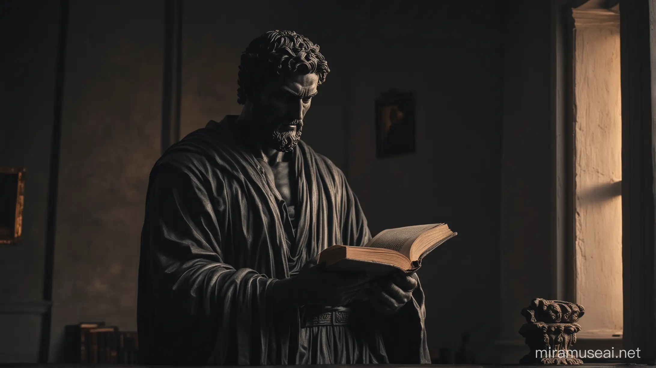 Stoicism, Motivation, stoic muscular statues , dark sunset, 
dark atmosphere
he is reading a book
the room is very dark
the character is muscular
he has a black robe


