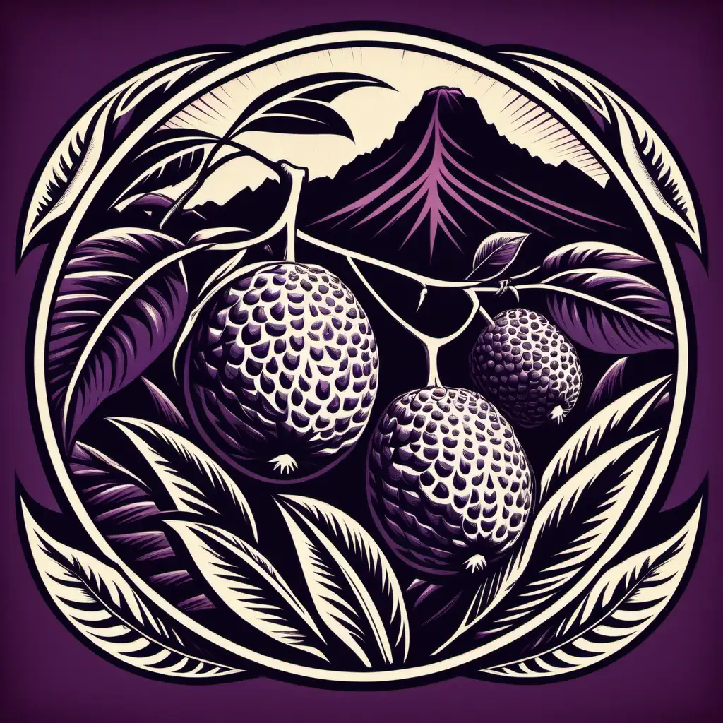 create a modern, circular vector logo featuring an ulu or breadfruit closeup three
 of them - fruit hanging from long shaped leaves on branches. Add mountains in background, Block print technique. 1-2 colors, plum jewel color, do not include copy/type on logo. Hawaiian cultural feel. includes leaves on branchees.




