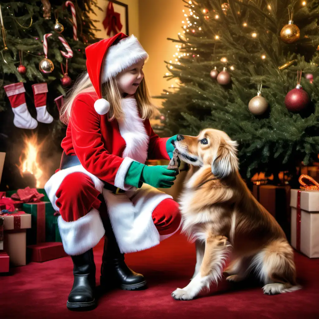 A young girl  aged 9 holds one of santa's boot. there is magical dust falling from the boot. Her dog looks up at her. A Giant Christmas tree is in the background