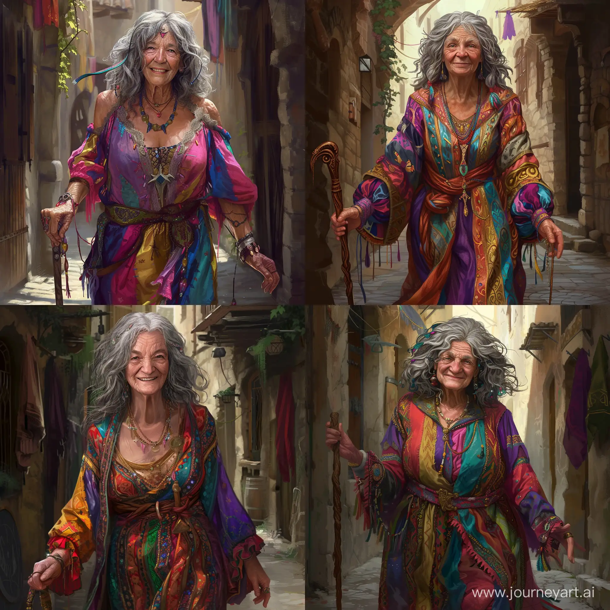 Draw a character from the Dungeons and Dragons universe according to the following description: She is an senior human woman 50 years old dressed in colorful gypsy clothes. She has wavy gray hair on her head and a soft joyful smile. Her face starts to wrinkle, but she isn't too old yet. Her face radiates wisdom and kindness.
She has a walking staff in her hand, as she makes way through an alleyway.