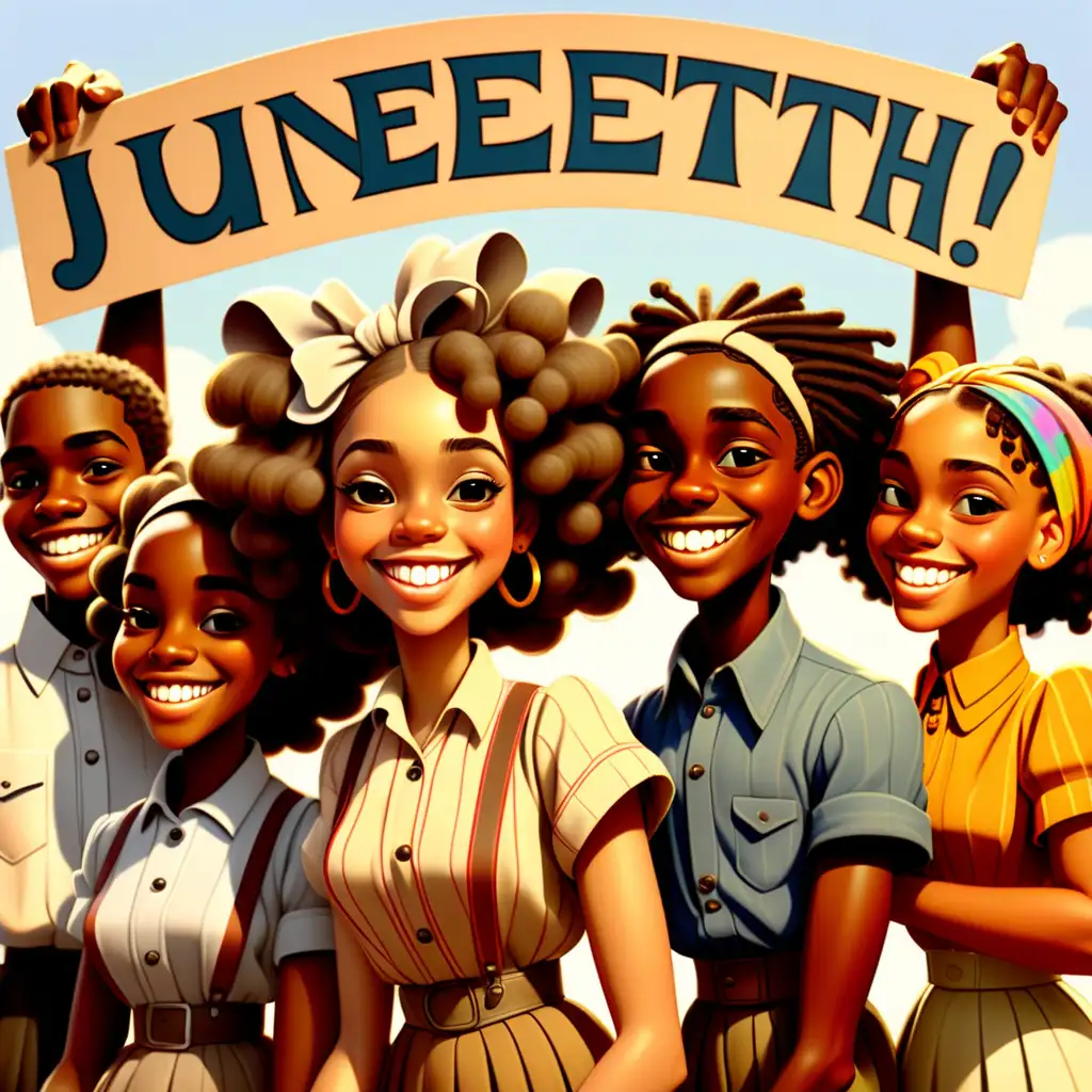 Juneteenth Celebration Joyful Cartoon Teens Holding Colorful Sign