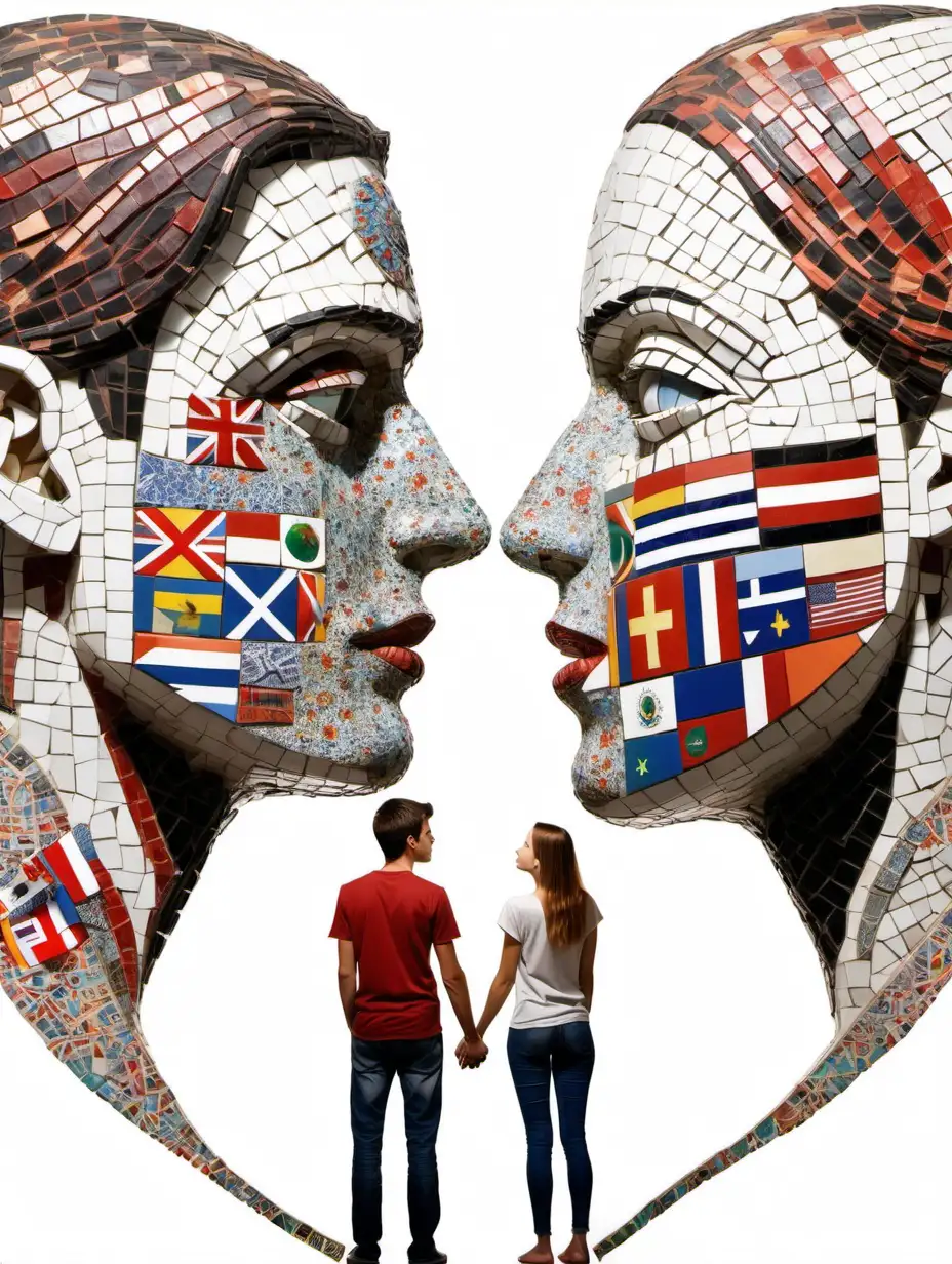 A young man and woman in love gaze into the distance, their figures crafted from a mosaic of flags. white background