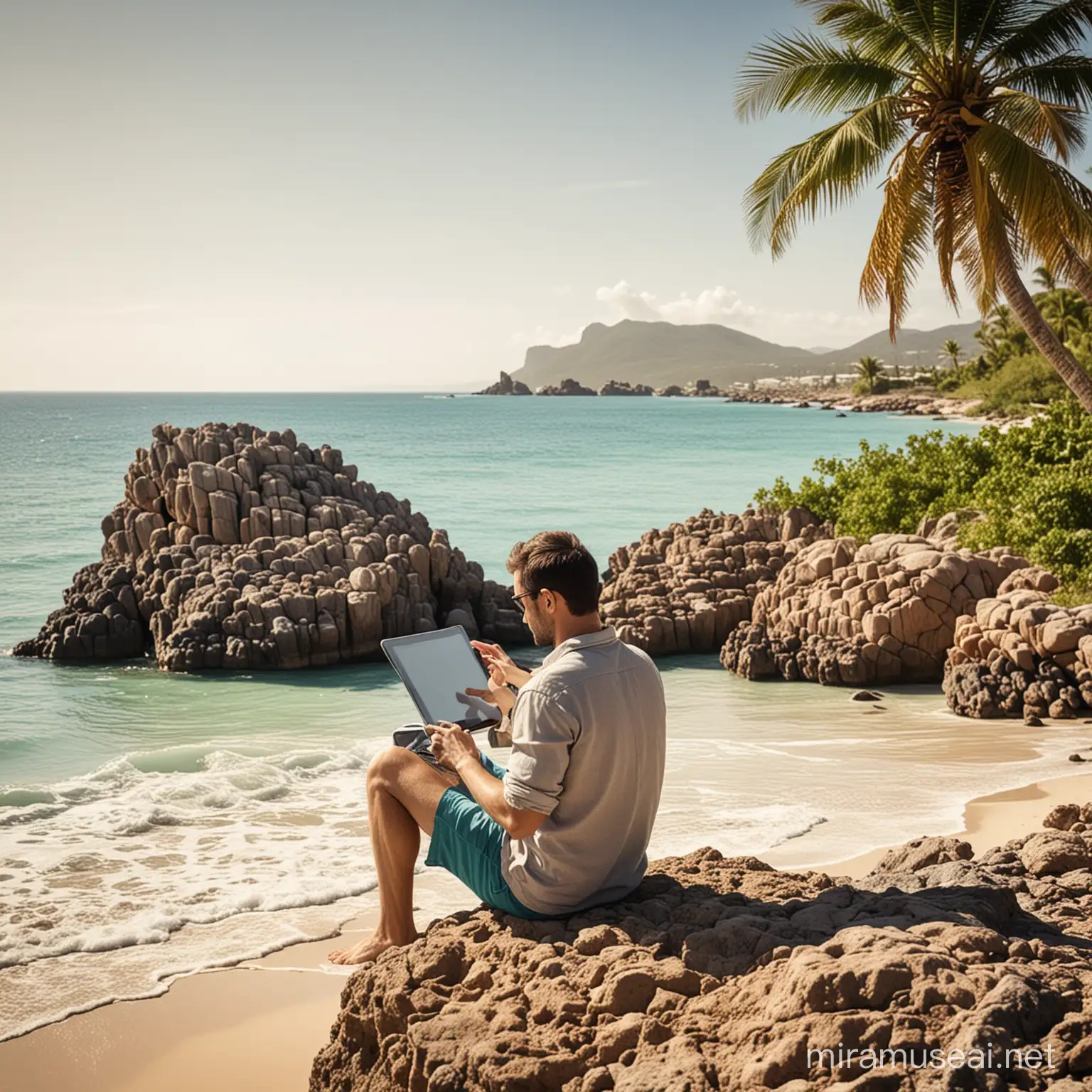 35 years old Man on the island beach sitting on rock with tablet in hands. View from his back. Palm on the beach.