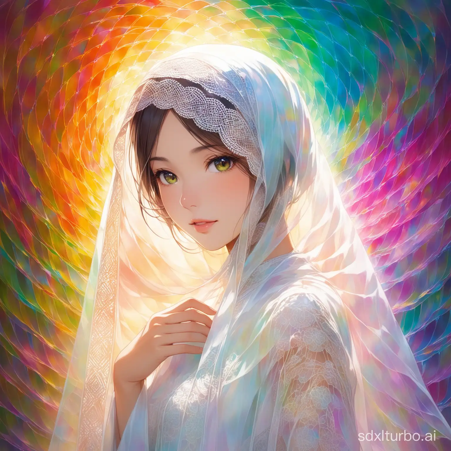 Picture full of stories,single exposure, close-up, a white image shows a Asian girl covering herself with Hijaab during the mont of Ramadan, in the style of soft focus romanticism, fashion bazaar stvle artwork by haruna kikuchi clean.translucent abstraction creation, uhd image close up, van mcginlevayered fiber style color veil printing, mike Campau, a touch of white powder. The Art of Light Painting, Stephen Shortridge. Ilfords FX. Colorful arrangement. avant-garde design