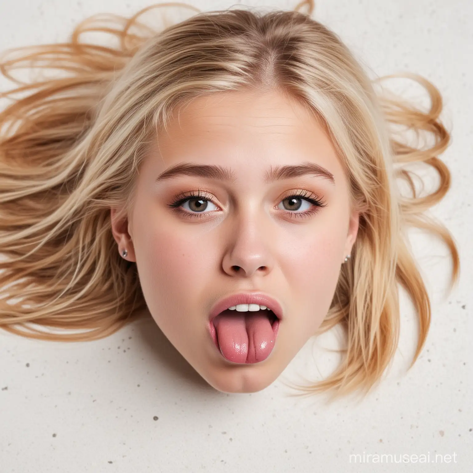 A  blonde girl sticking out her tongue, lying on the ground, white background.