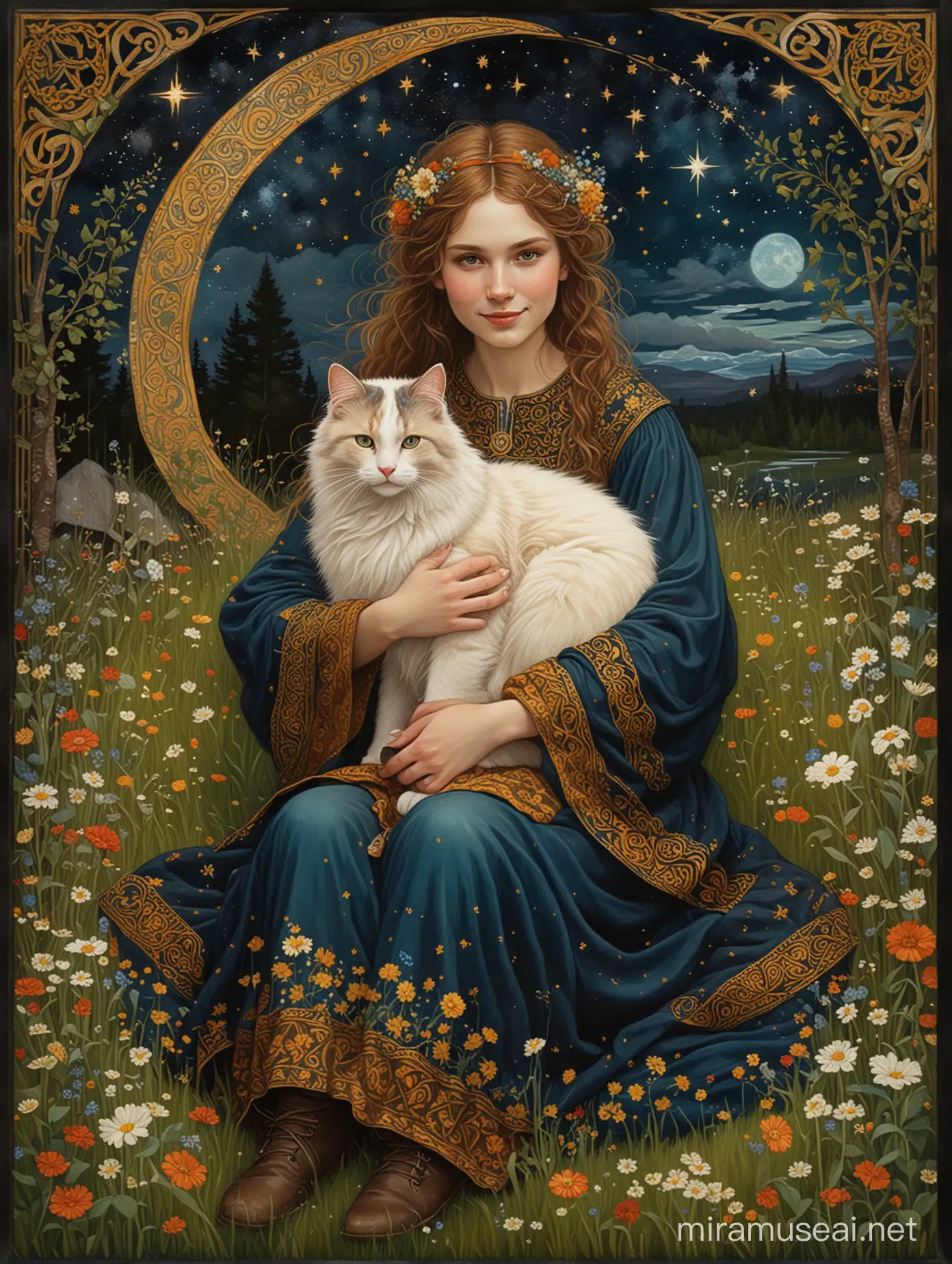 Medieval Woman with Norwegian Forest Cat in Gustav Klimt Style