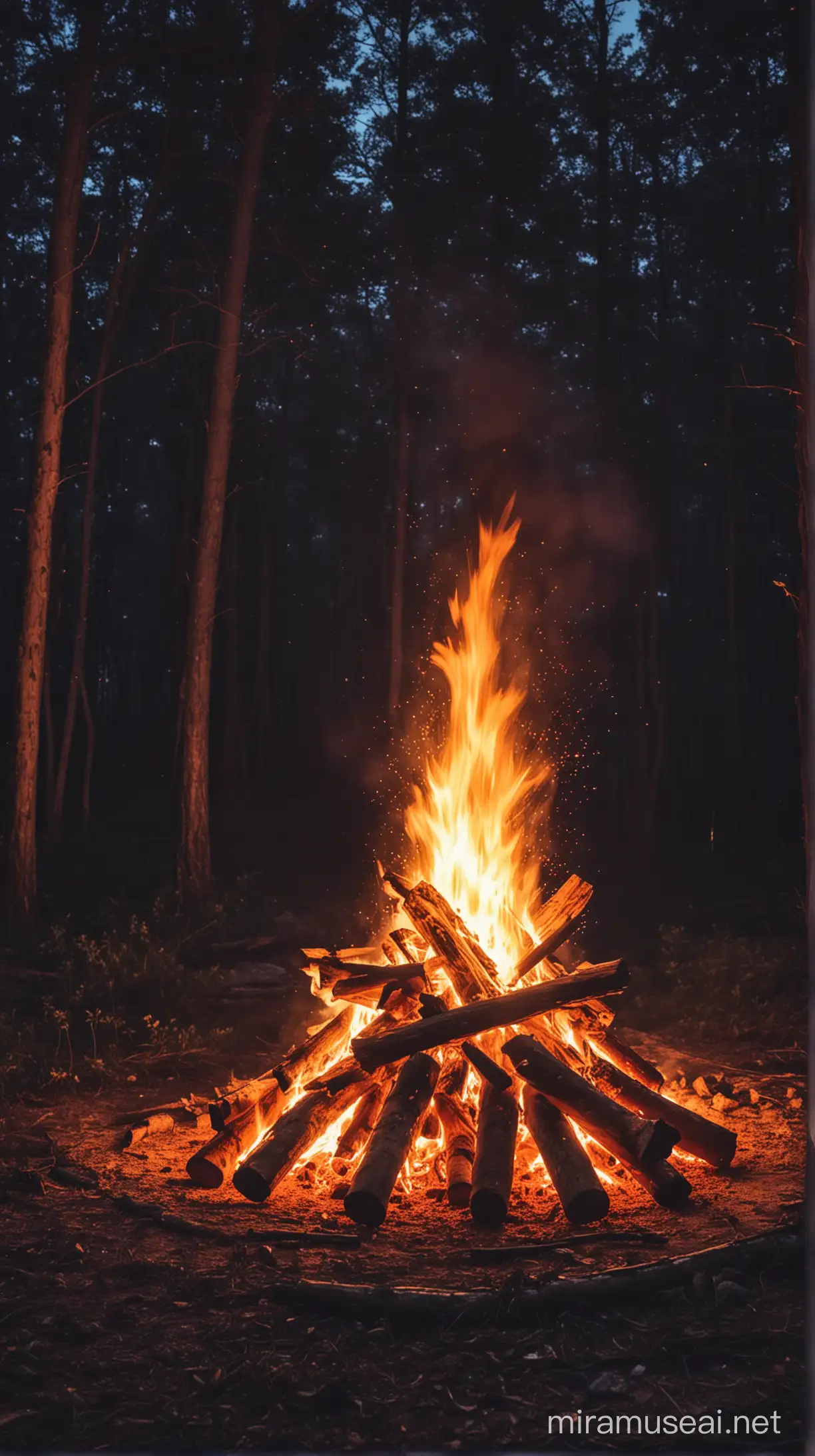 Uma fogueira na floresta à noite 