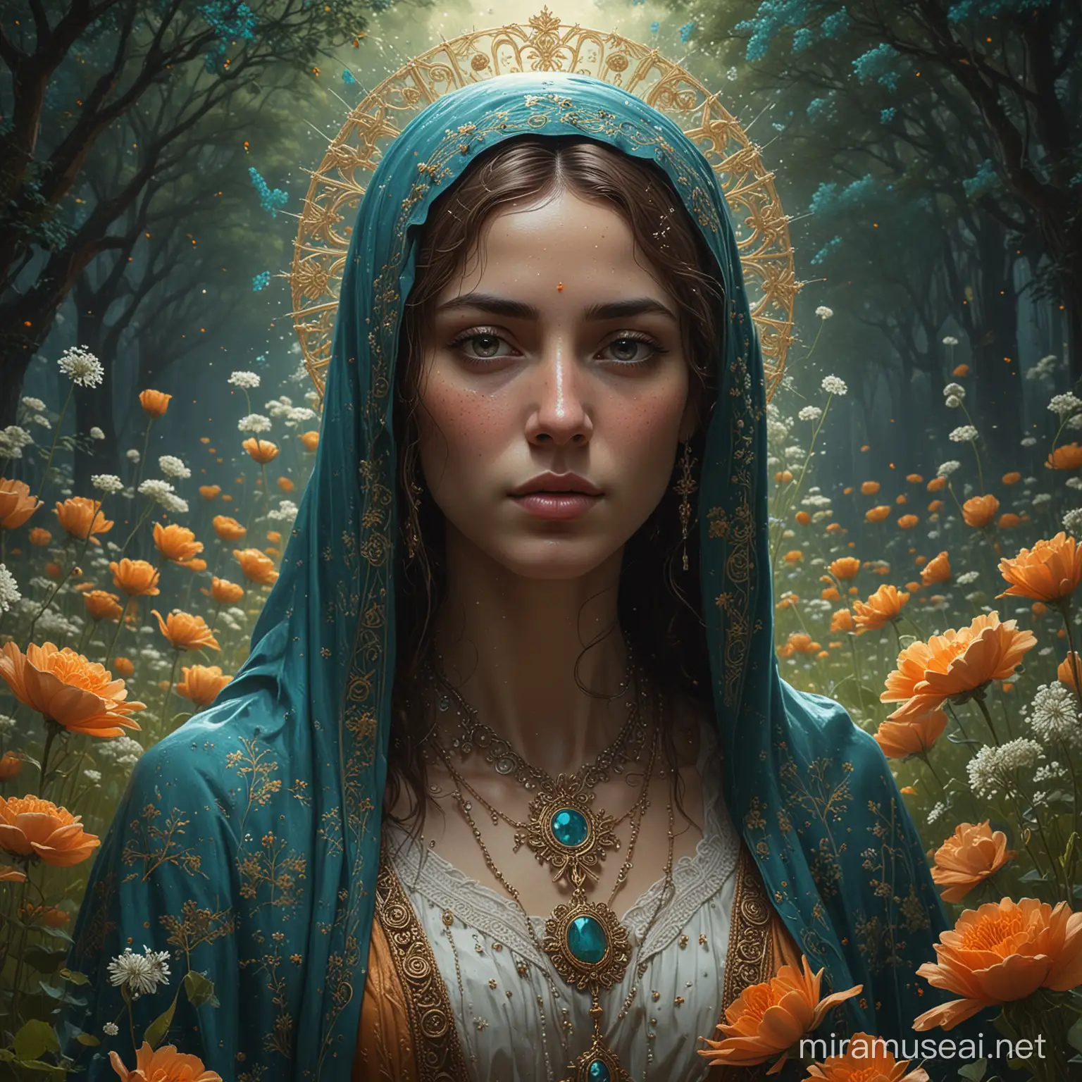 Lady of Fatima Surrounded by Roses and Queen Annes Lace Cinematic Oil Painting with Stunning Detail in 8K