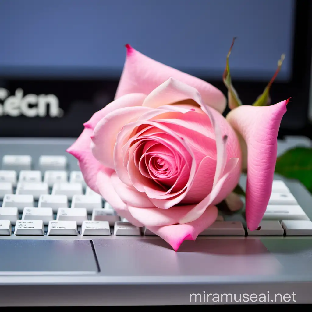 Pink Rose Beside a Computer Technology Meets Nature in Workspace Decor
