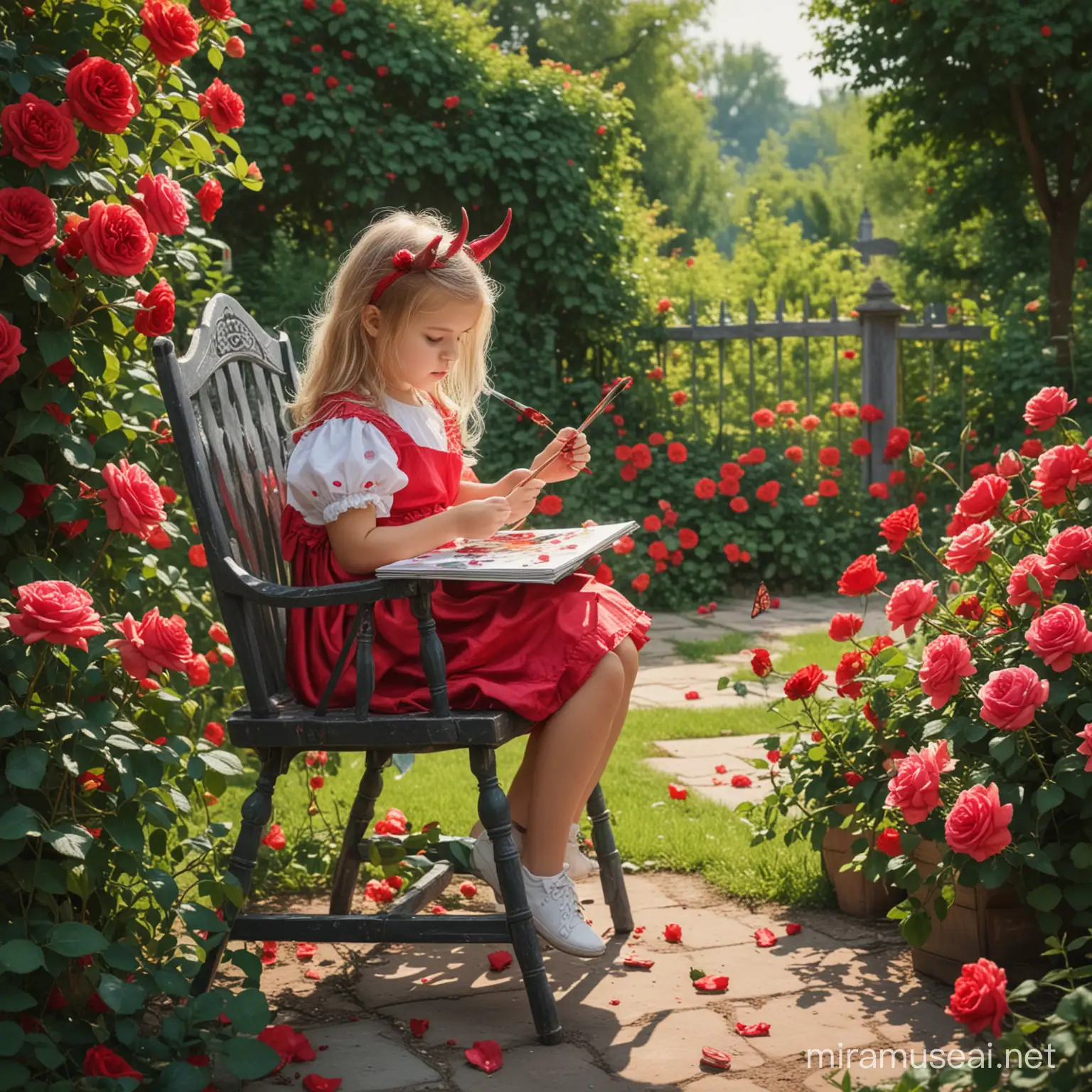Little girl painting devil. Little girl sitting on the chair in garden. In garden are many roses.