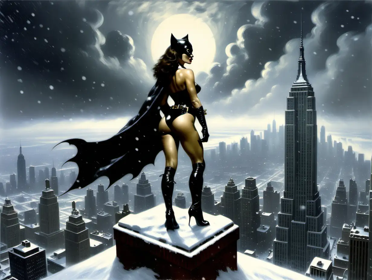 Cat woman on the top of Empire State building in a snow storm Frank Frazetta style