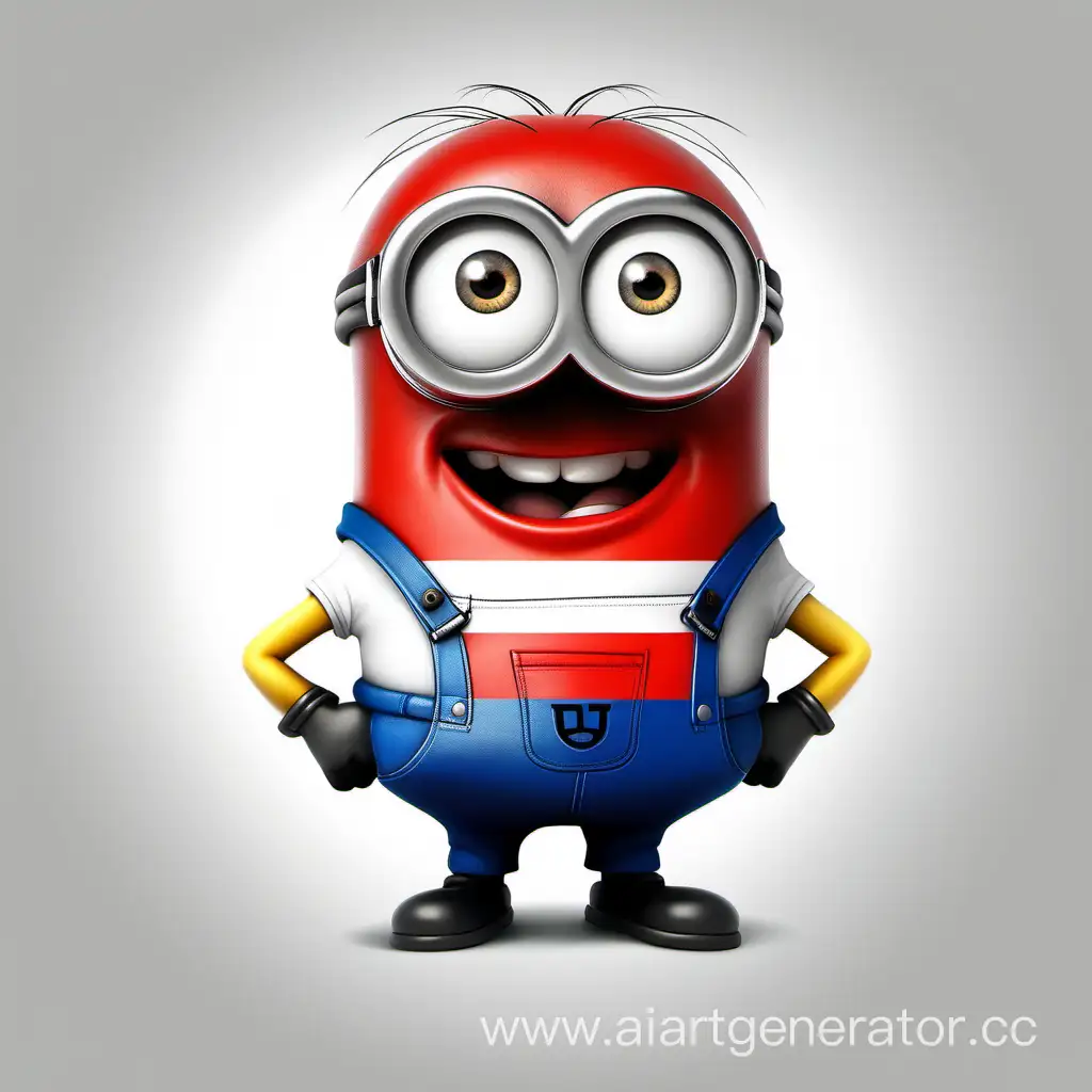 a pumped-up minion with a white T-shirt with the Russian flag on it