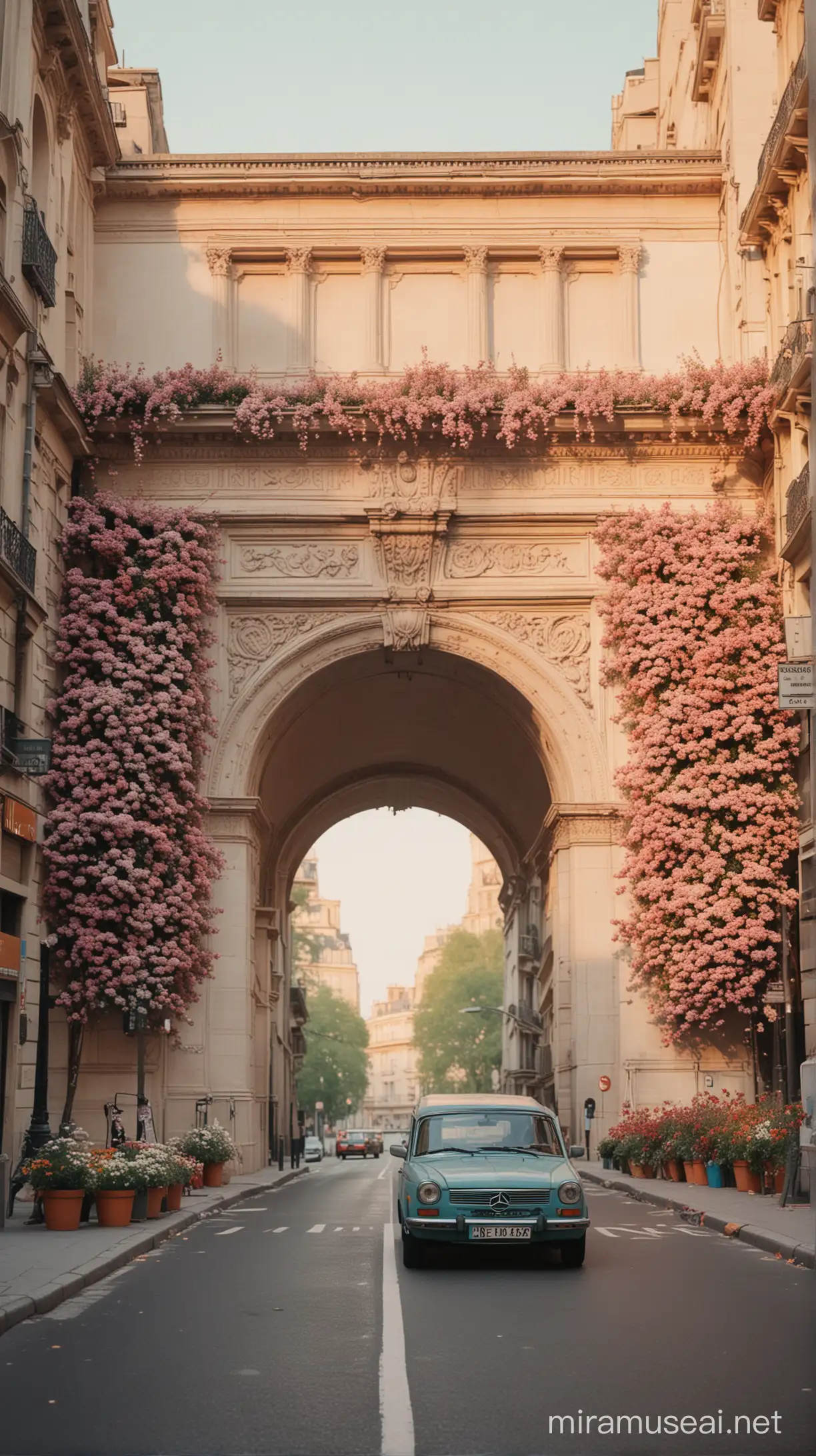 the triumphal arch in paris. trafic and people in pastel color close, cars in pastel colors with flowers out of the windows. pastel colors. . in the style of laura makabresku, pastel tone color palette, gustave courbet, miwa komatsu, colorful animation stills, soft, muted palette, intricate floral arrangements, in the style of naturalistic poses, vacation dadcore, youthful energy, a coolexpression, analog film, super detail, dreamy lofi photography, colorful,  shot on fujifilm XT4, sunset, backlit, photography, expansive, awe-inspiring, breathtaking, bright colors,  sharp focus, good exposure, misty, wide-angle
