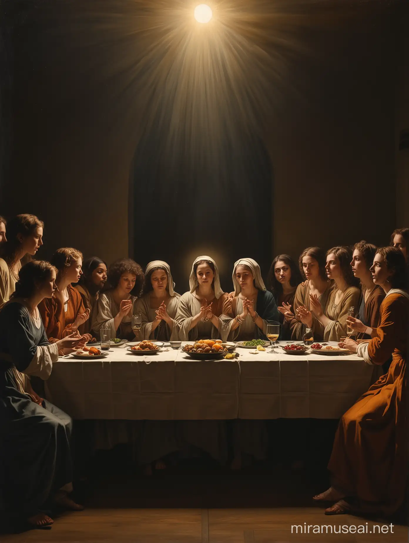 painting that will show  the last supper with the twelve female apostles in a Rembrandt style, Dramatic use of light and shadow, a technique known as chiaroscuro, This creates a striking contrast between light and dark areas, often highlighting the focal point of the painting, His compositions often convey deep emotional or narrative intensity, Rembrandt's color palette is typically rich but subdued, featuring earthy tones and warm colors, His brushwork is renowned for its expressiveness and texture, ranging from smooth and finely detailed in areas of focus to more loose and impressionistic in other parts,