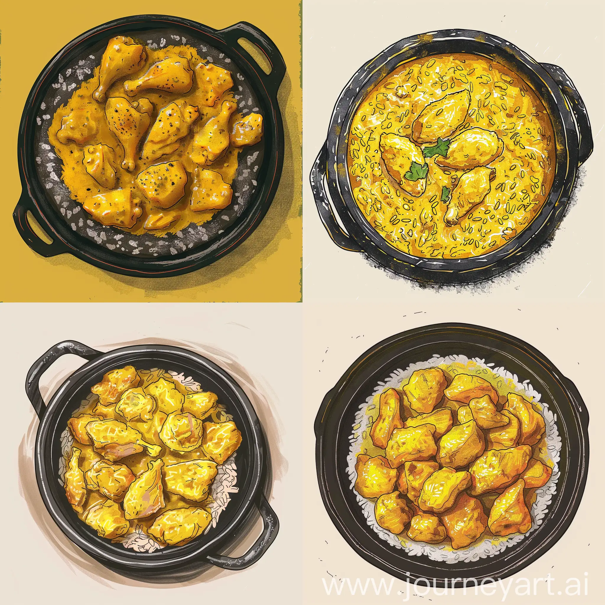 HandDrawn-Animated-Yellow-Stewed-Chicken-and-Rice-in-Black-Sand-Pot-from-Above