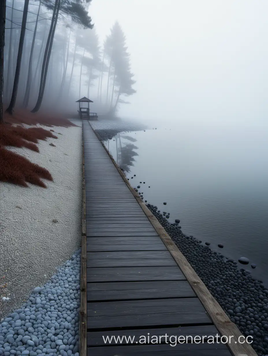 туманный берег с серой галькой и лесом далеко в тумане 
на берегу в далеке есть деревянная маленькая пристань темная 