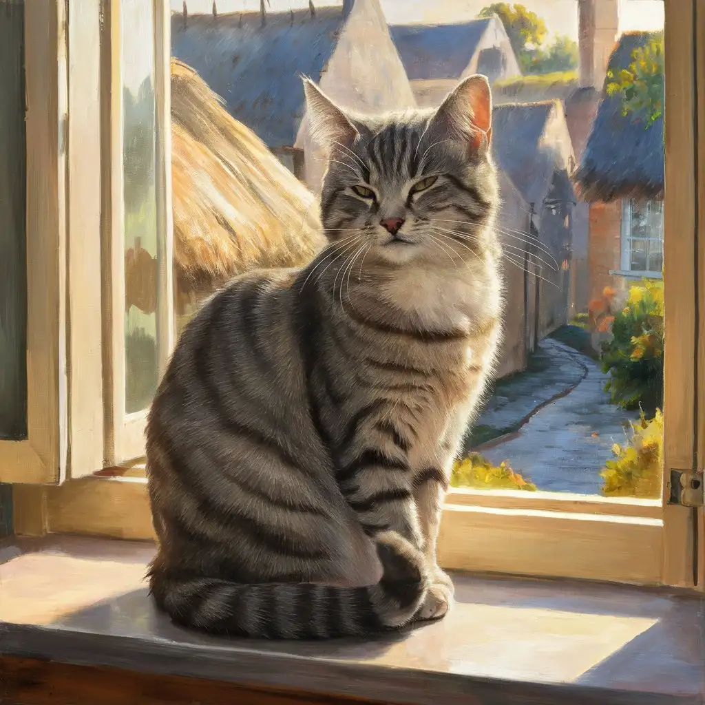 painting of a grey tabby cat sitting in a sunlit window