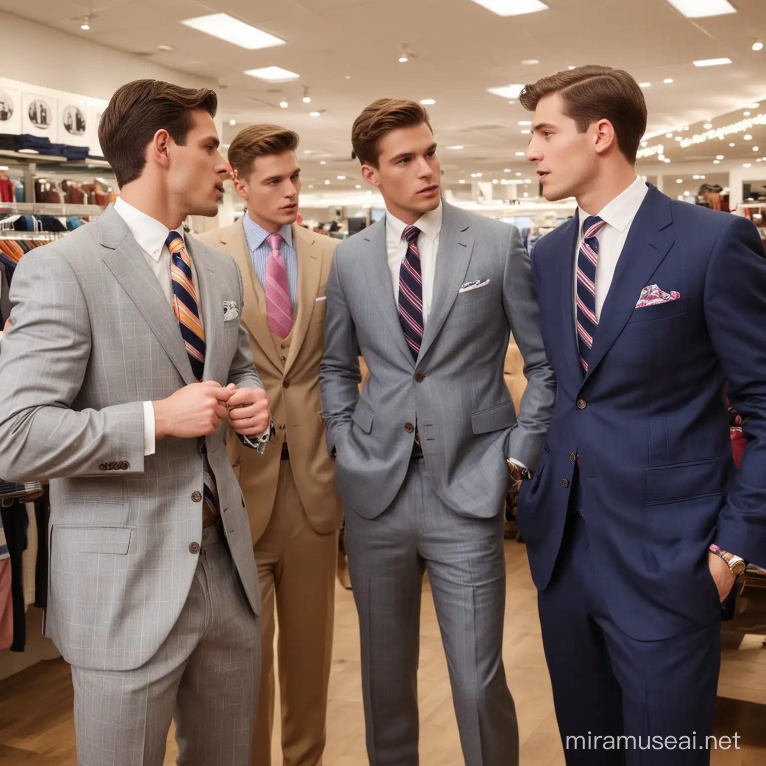 four all American preppy men trying on an oversized new suit and tie, fighting, aggressive, in a menswear store, Brooks Brothers, technicolor