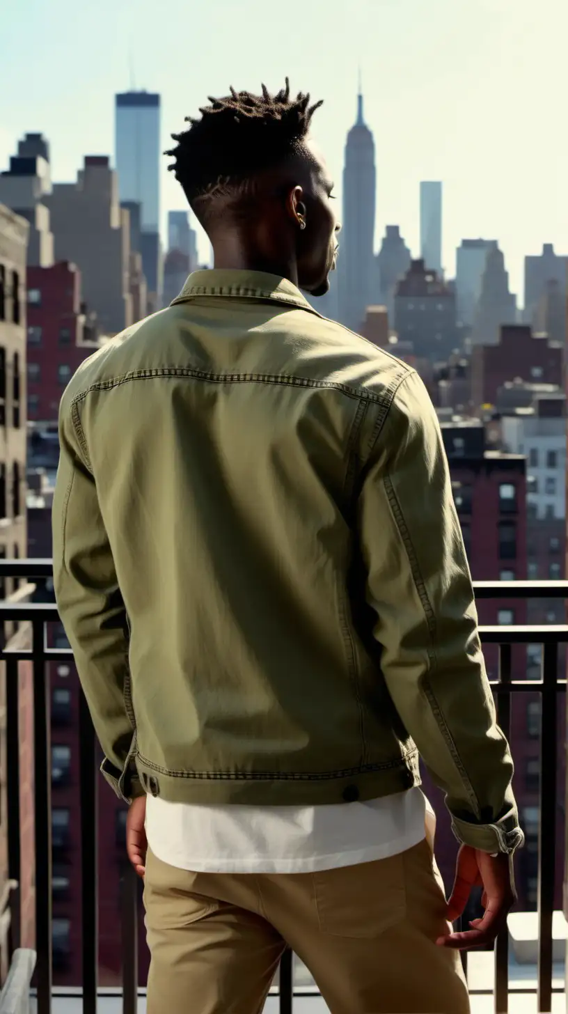 cute, slim, Black, man, wearing  White, Denim Jacket, wearing Olive green crew neck long sleeve shirt, wearing khaki, Cargo pants, Standing on the balcony of penthouse overlooking New York, in Harlem NY, close up, Back view, sunny day, 1080p Resolution, Volumetric lighting, Ultra 4k, High Definition