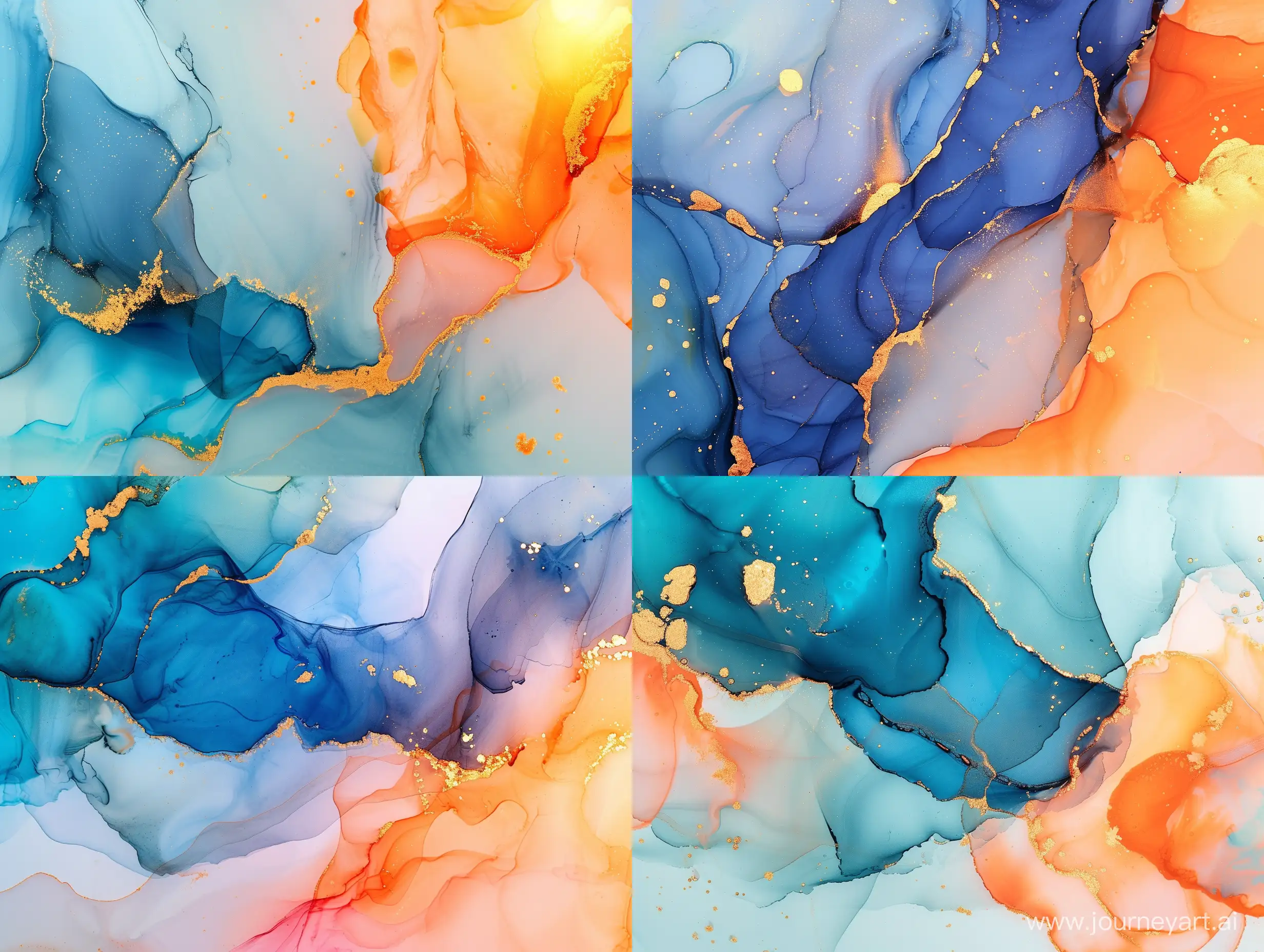 Marble ink abstract art background. Luxury abstract fluid art painting in alcohol ink technique, mixture of blue, orange and gold paints --v 6 --ar 4:3 --no 98033