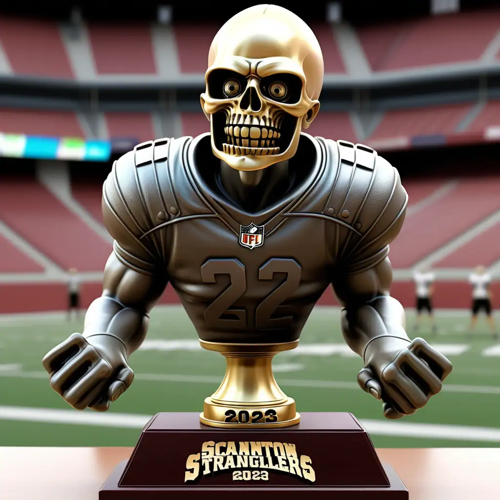 fantasy football 2023 champion trophy that includes "SCRANTONSTRANGLERS" as the winner

