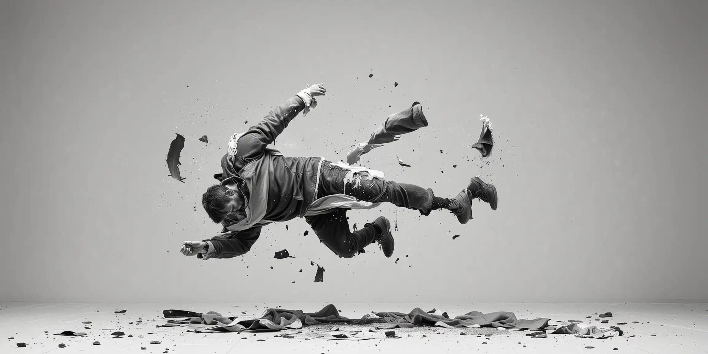 Phil Hale style photo of a man that is falling, black and white, white background, realism, torn clothes, shot, injured, mutilated 