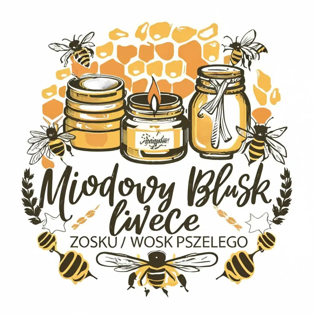 logo, candles honey apiary bees, with the text "Miodowy Blask Świece z wosku pszczelego", typography, be used in Home Family industry