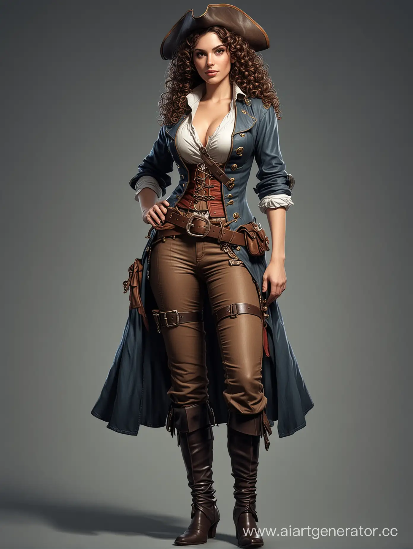 Fateful curly-haired brunette pirate in full height in realistic comics style