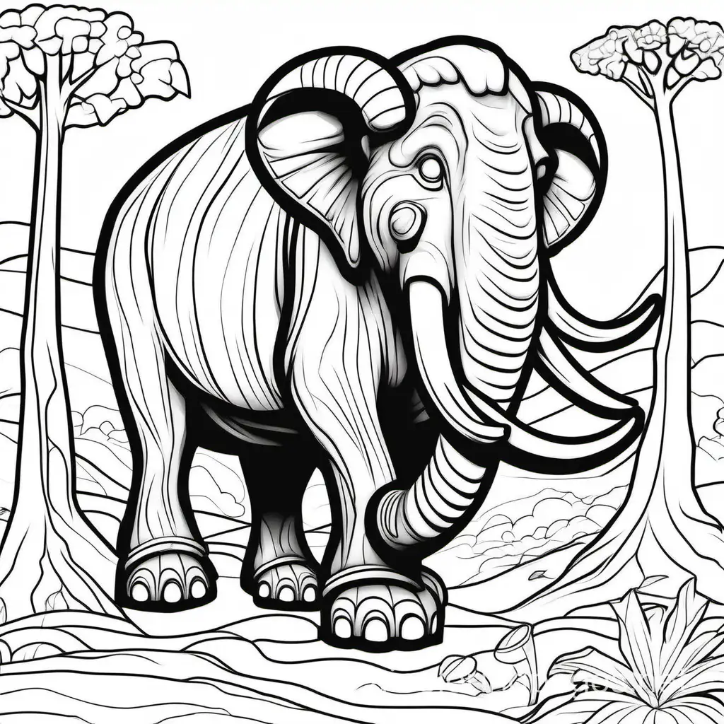Create a coloring page of mastodon, Coloring Page, black and white, line art, white background, Simplicity, Ample White Space. The background of the coloring page is plain white to make it easy for young children to color within the lines. The outlines of all the subjects are easy to distinguish, making it simple for kids to color without too much difficulty