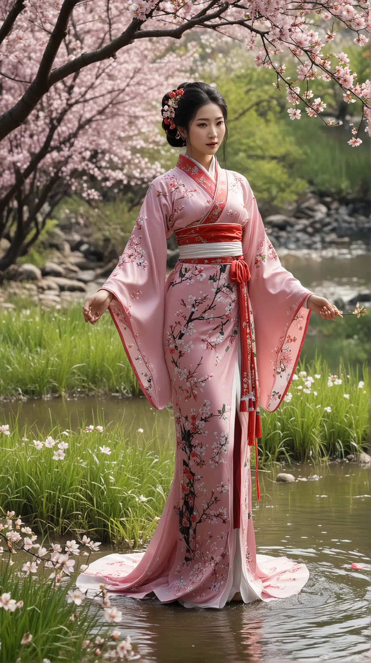 Сгенерируй фигуру жінки одягнену в китайській народний костюм ,чорне волосся, навкруги квітучі сакури ,річка ,зелена трава
