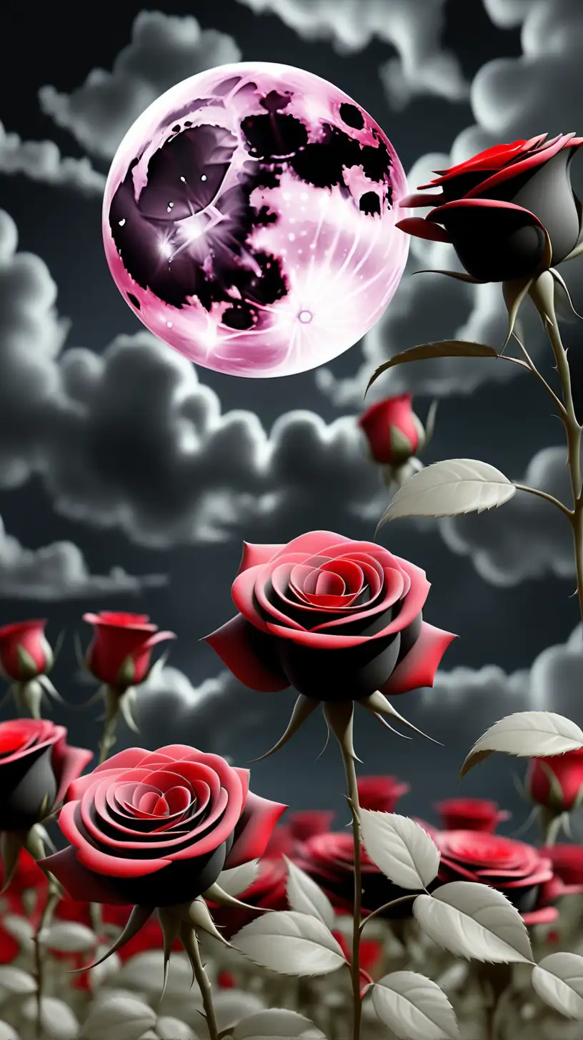 full moon in a cloudy sky over a field of  black and red roses