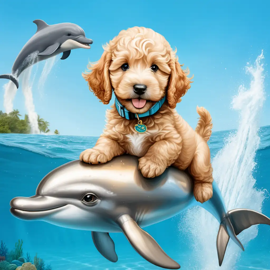 Golden doodle puppy riding a dolphin