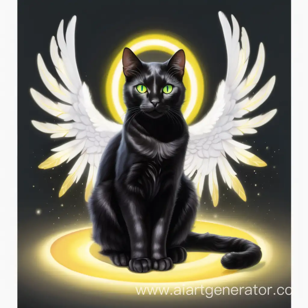 Черный кот с белыми ангельскими крыльями, зелёными глазами и светящимся жёлтым нимбом в сидячей позе