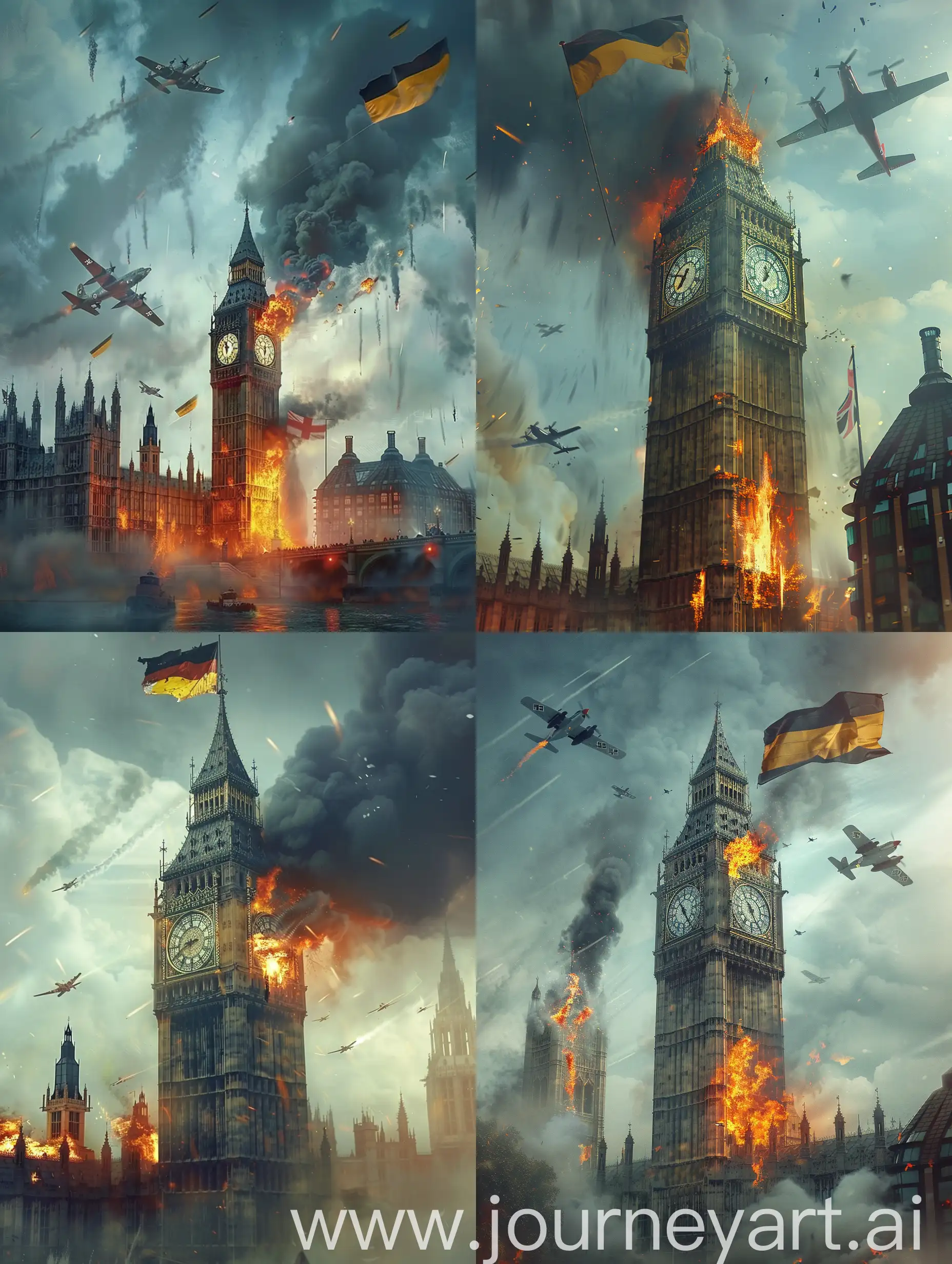 Лондон в огне, Бигбен горит, летают военные самолеты, дым, пасмурно, на Бигбене Флаг Германии
