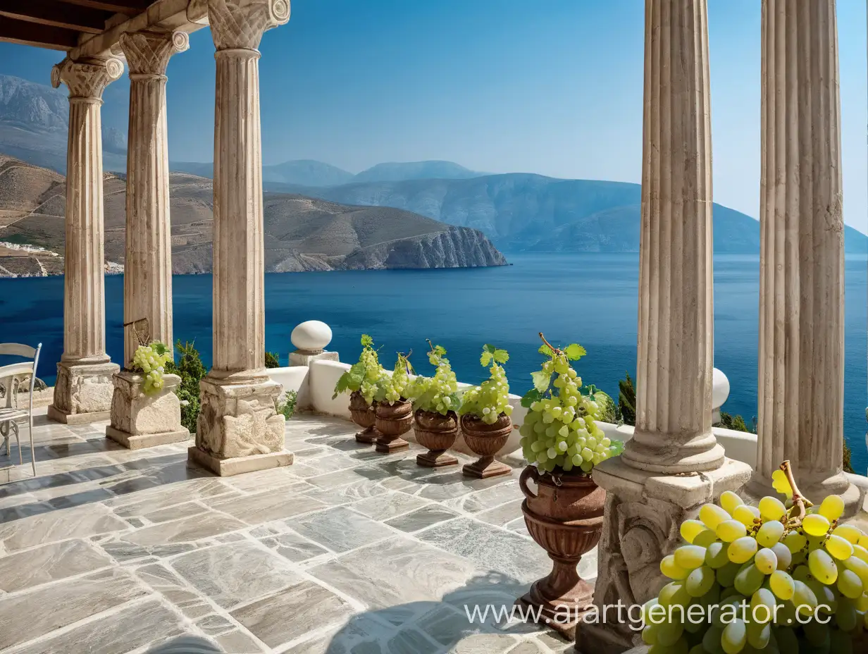 вид с террасы на море и горы, виноград, колонны, Греция, лето, высокое разрешение, высокое качество