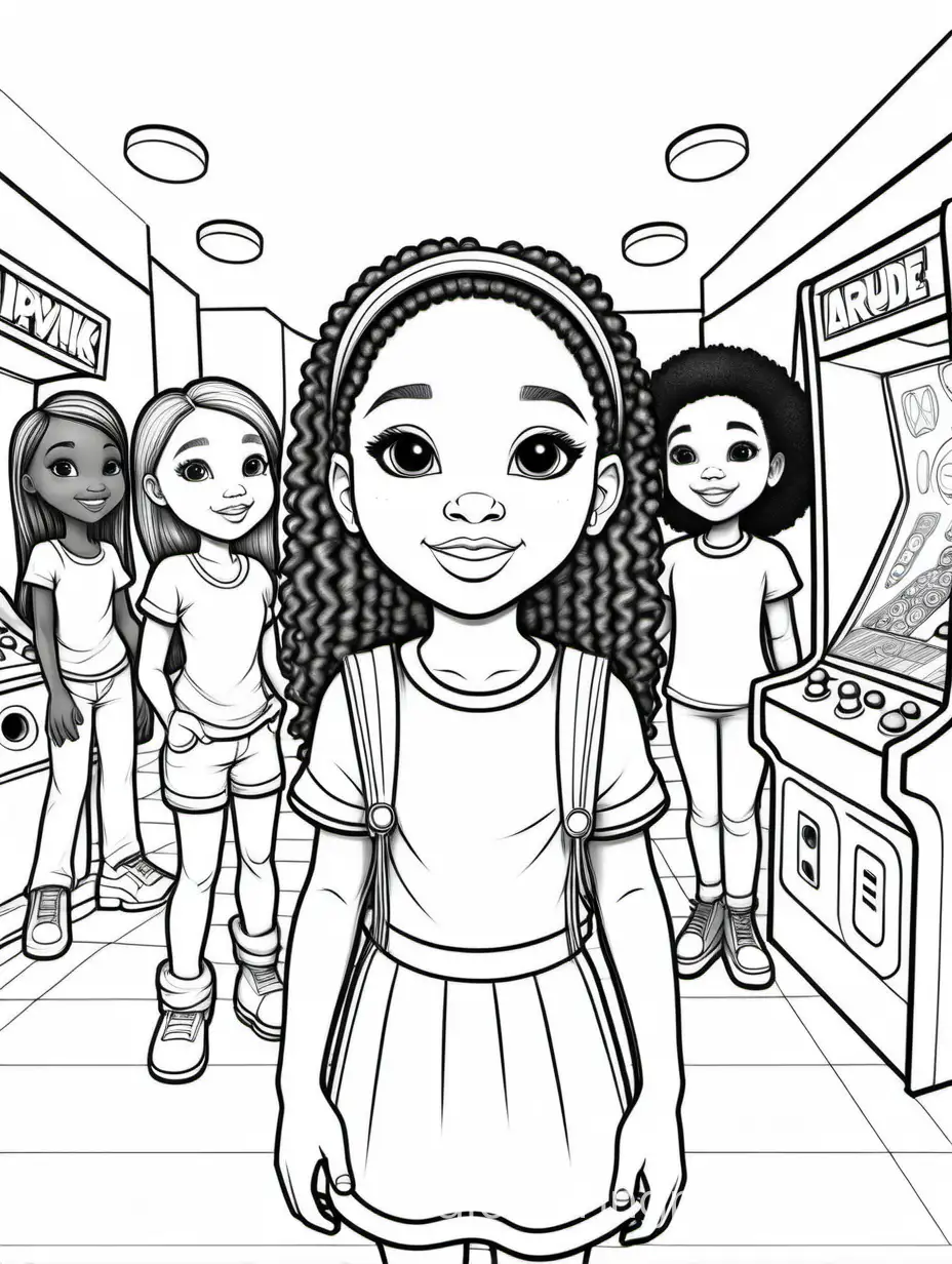  coloring page, 3D line art, clean line art detailed, Coloring Page, black and white, line art,  white back ground.  Simplicity, Ample White Space featuring a cute African American 7-year-old girl along with a group of  diverse friends. at an arcade. This line drawing is designed with clear outlines and spaces large enough for easy coloring, perfect for stimulating creativity in children, realistic style, white and black., Coloring Page, black and white, line art, white background, Simplicity, Ample White Space. The background of the coloring page is plain white to make it easy for young children to color within the lines. The outlines of all the subjects are easy to distinguish, making it simple for kids to color without too much difficulty
