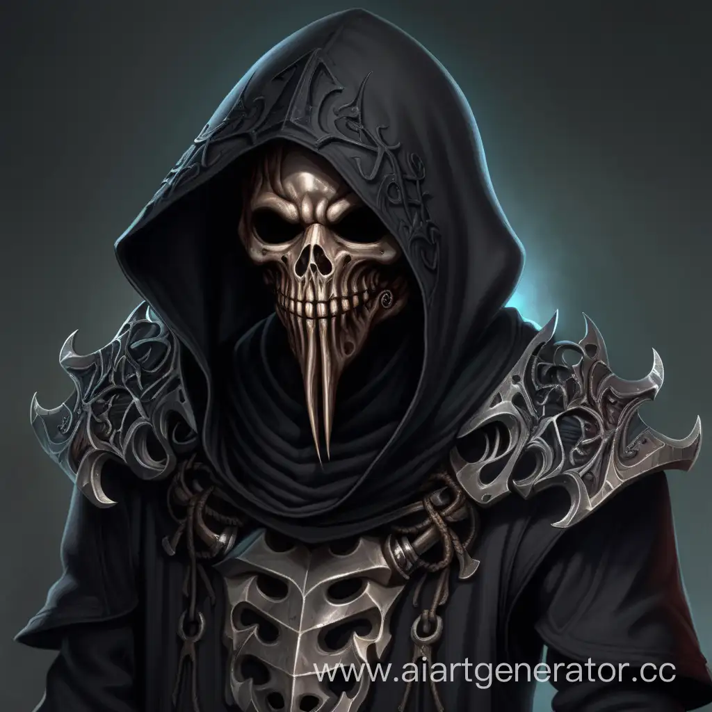 A creature with a steel demonic mask fully covering his face, he wears black hood. Style:fantasy. The style of his clothes involves bones and organs inspired details. He is a medieval cultist surgeon.
