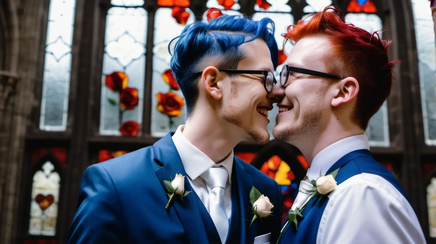 Handsome gay bridegrooms wedding photoshoot short hair glasses redhead blue hair church stained glass happy tears rose petals falling