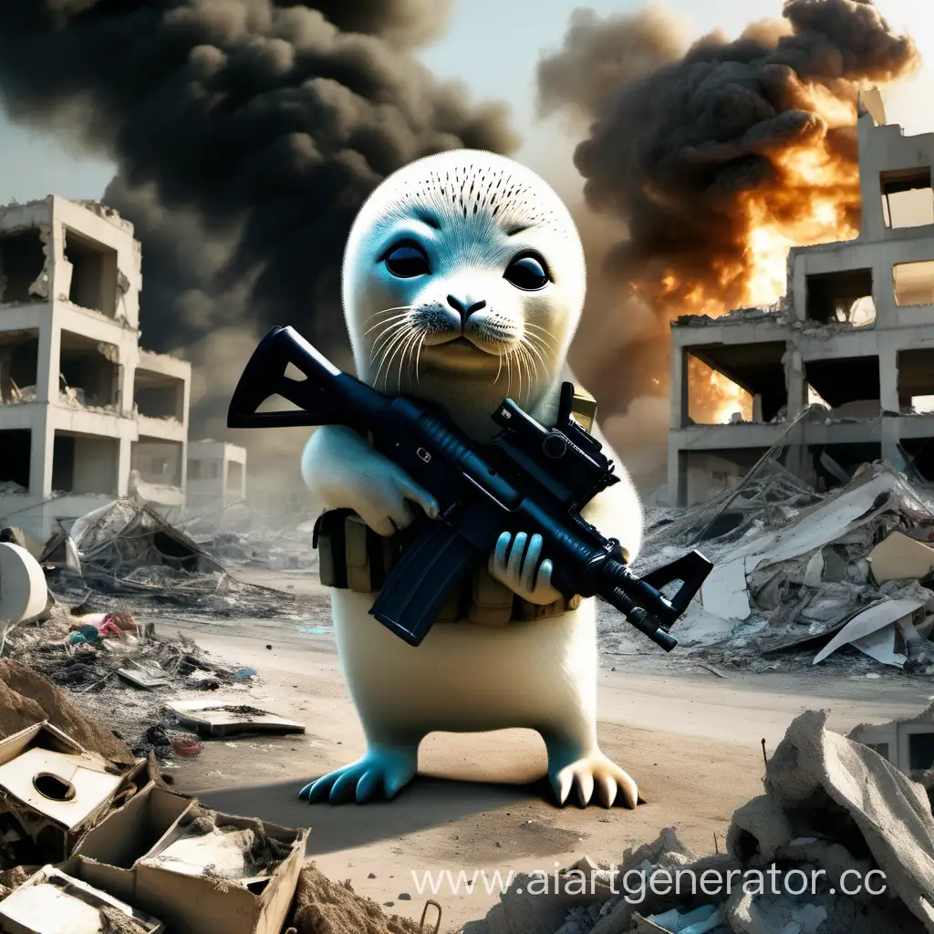 An anthropomorphic baby seal wearing an Israeli Defense Force uniform holding a gun stands amid smoking Gaza ruins and pieces of torn fabric, looking at us with big cute black eyes.