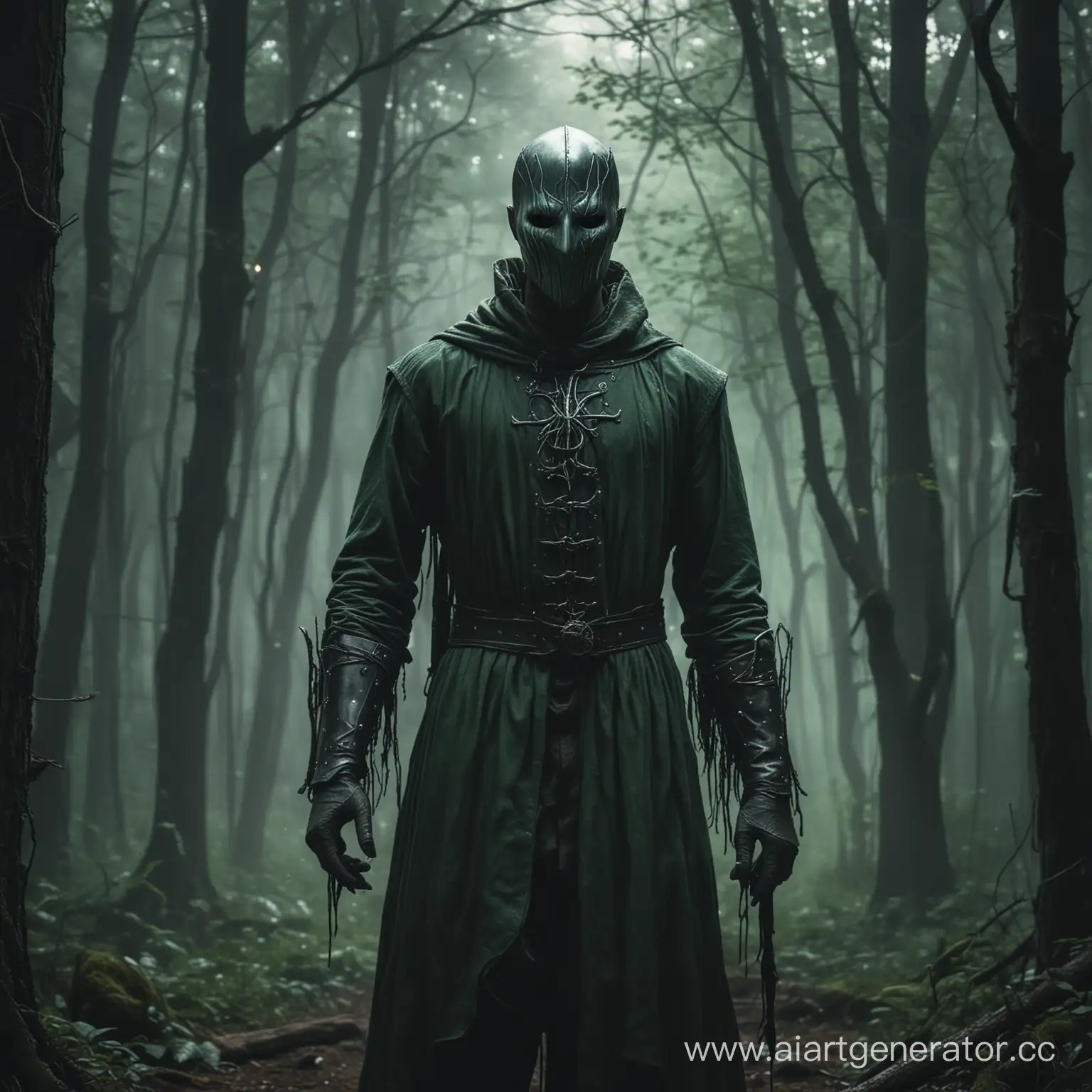 мрачный худощавый мужчина в свободной одежде, стоит в темном лесу, глаза светятся, железная маска повторяет контур лица, в руках зеленого цвета магия, волшебник некромант, фэнтези