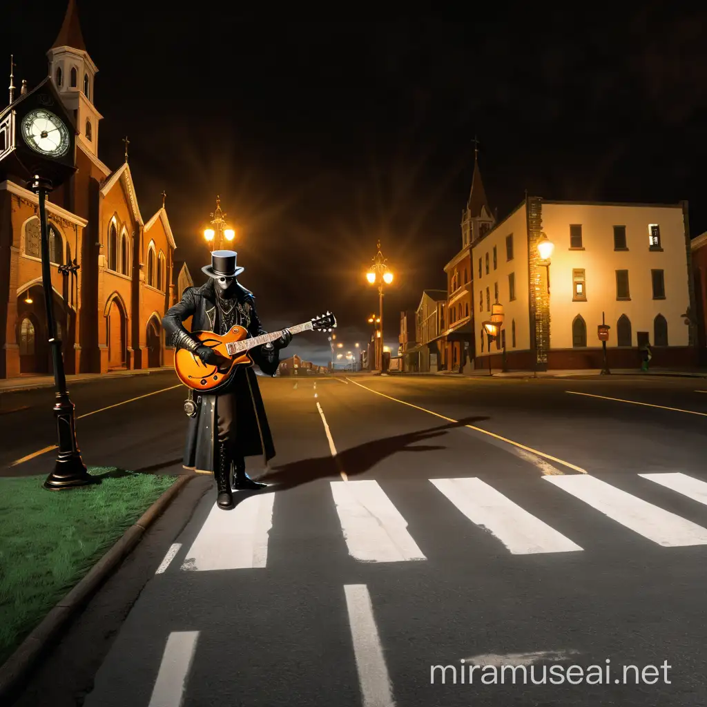 
steam punk style animated heavy guitarist play creepily in the street. Tall haunted church steeples in the background. Dystopian feel 