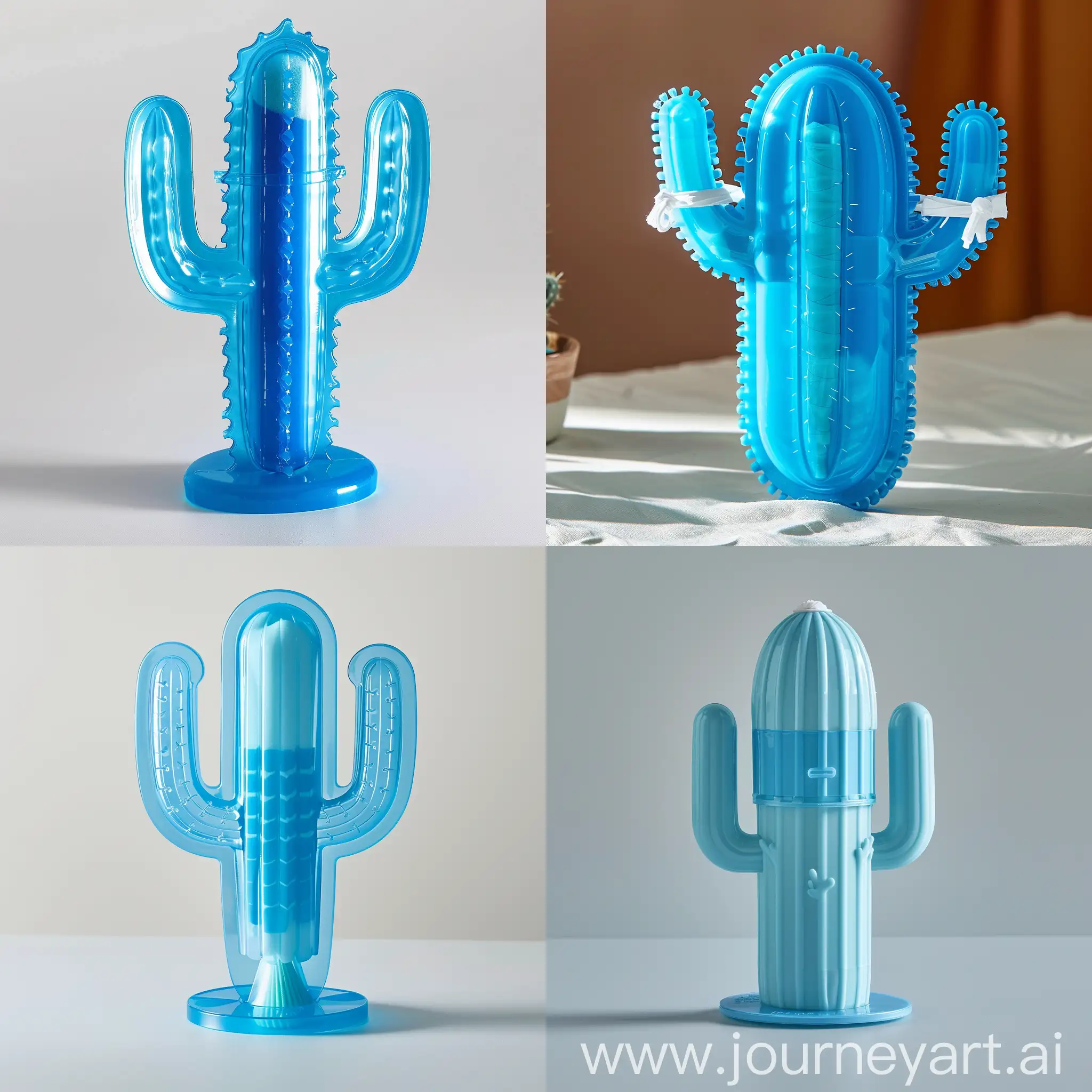 a tampon product in a blue plastic cover, but in the shape of a cactus, on its side