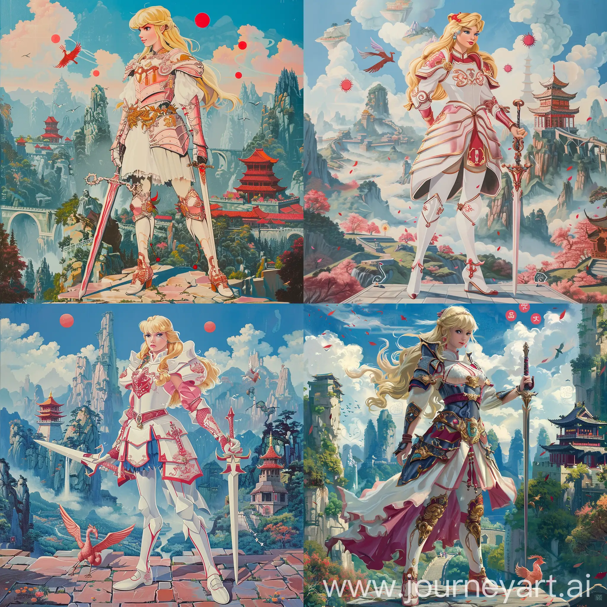 Historic painting style:

a Disney blond French Princess Aurora, she wears deep rose and white color Chinese style medieval armor and boots, she holds a Chinese sword in right hand, 

Chinese Guilin mountains and temple as background, small phoenix and three small red suns in blue sky.