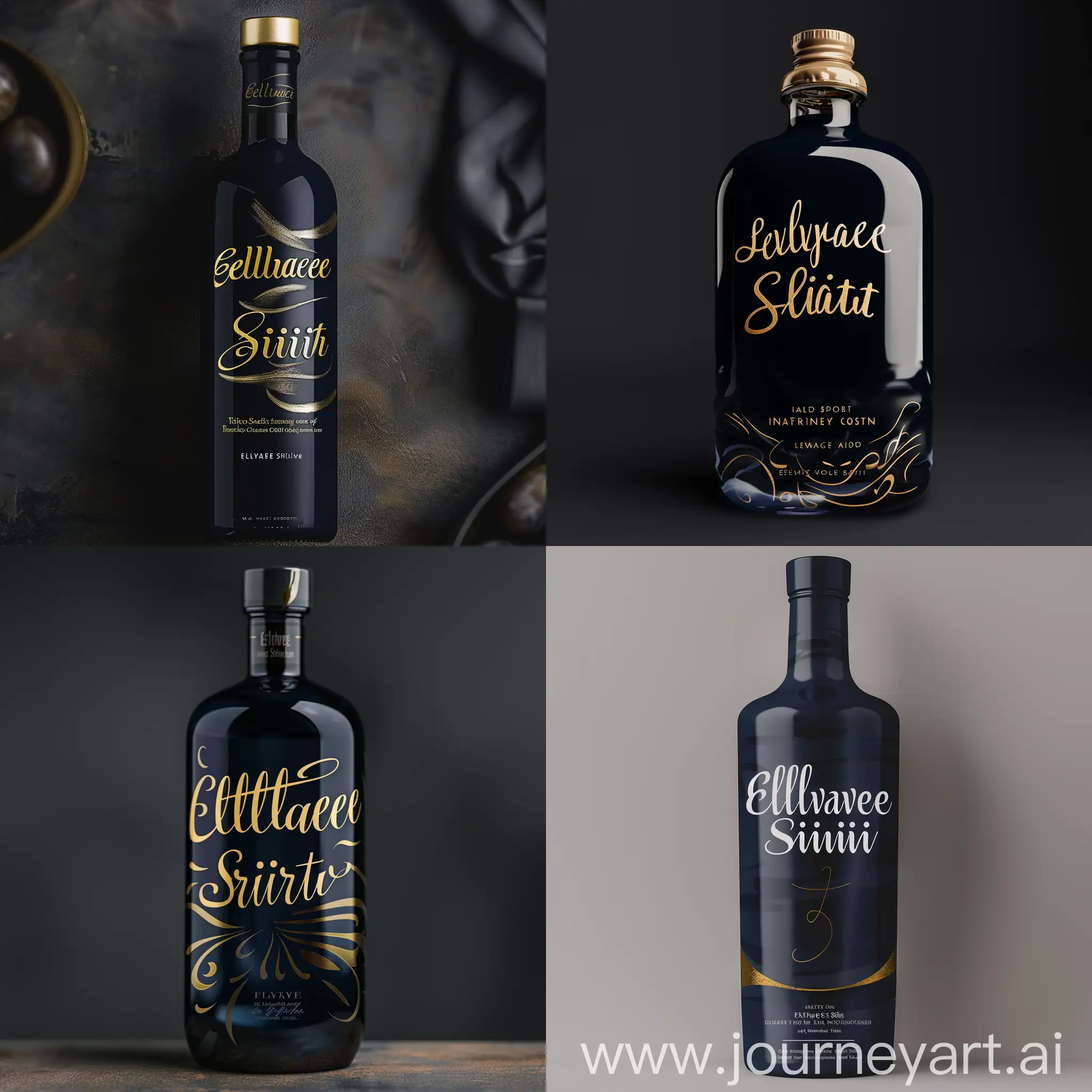 make a picture of a bottle with liquid with next package design: The packaging features a sleek and modern design, with a sophisticated color scheme of deep navy blue and gold accents. The name "Elevate Spirit" is prominently displayed in elegant cursive writing, exuding class and refinement. The bottle has a clean, minimalist look to convey a sense of premium quality and a focus on the essence of the beverage. The overall design aims to appeal to those seeking an upscale and indulgent experience without alcohol.
