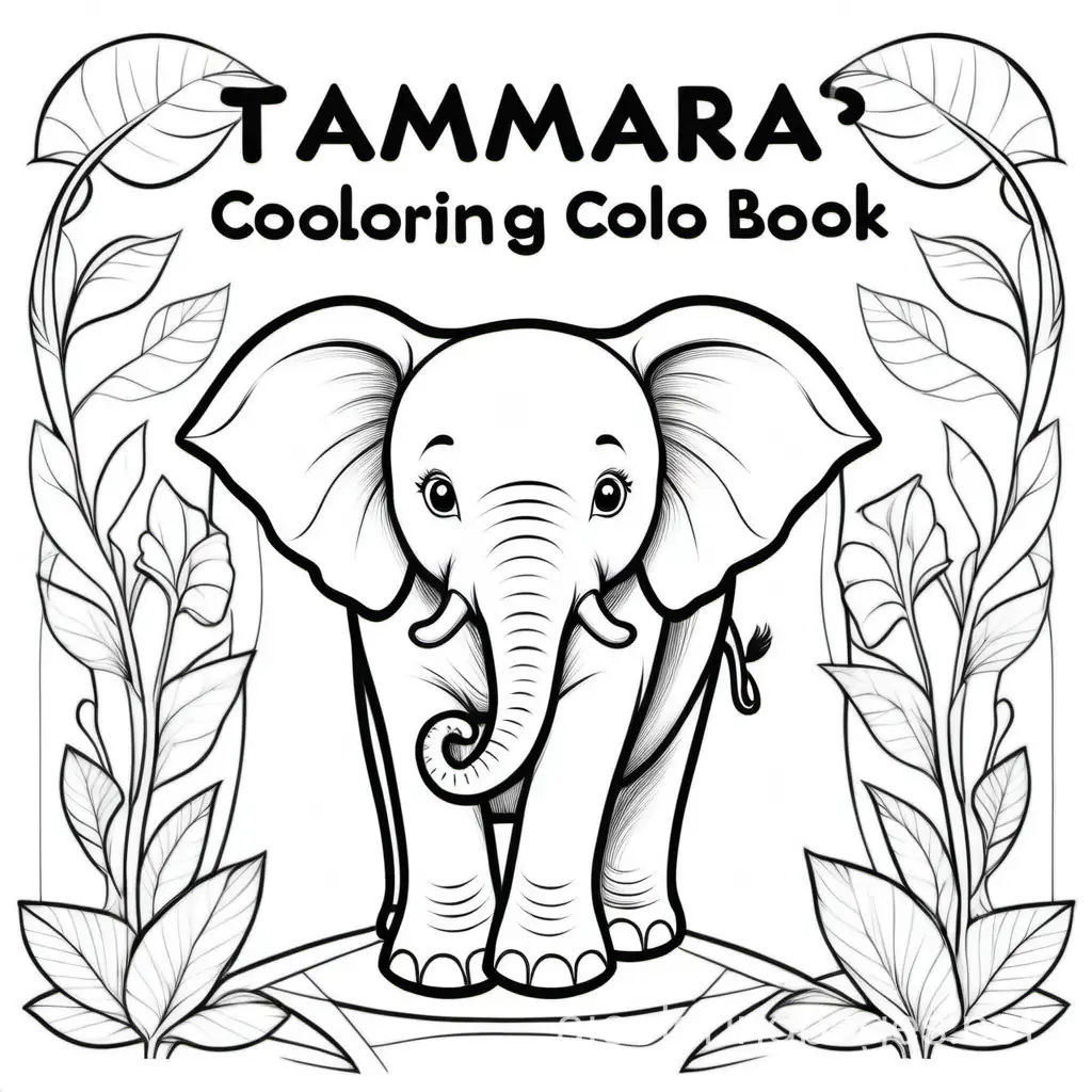 words saying Tammara's Coloring book with an elephant, Coloring Page, black and white, line art, white background, Simplicity, Ample White Space. The background of the coloring page is plain white to make it easy for young children to color within the lines. The outlines of all the subjects are easy to distinguish, making it simple for kids to color without too much difficulty