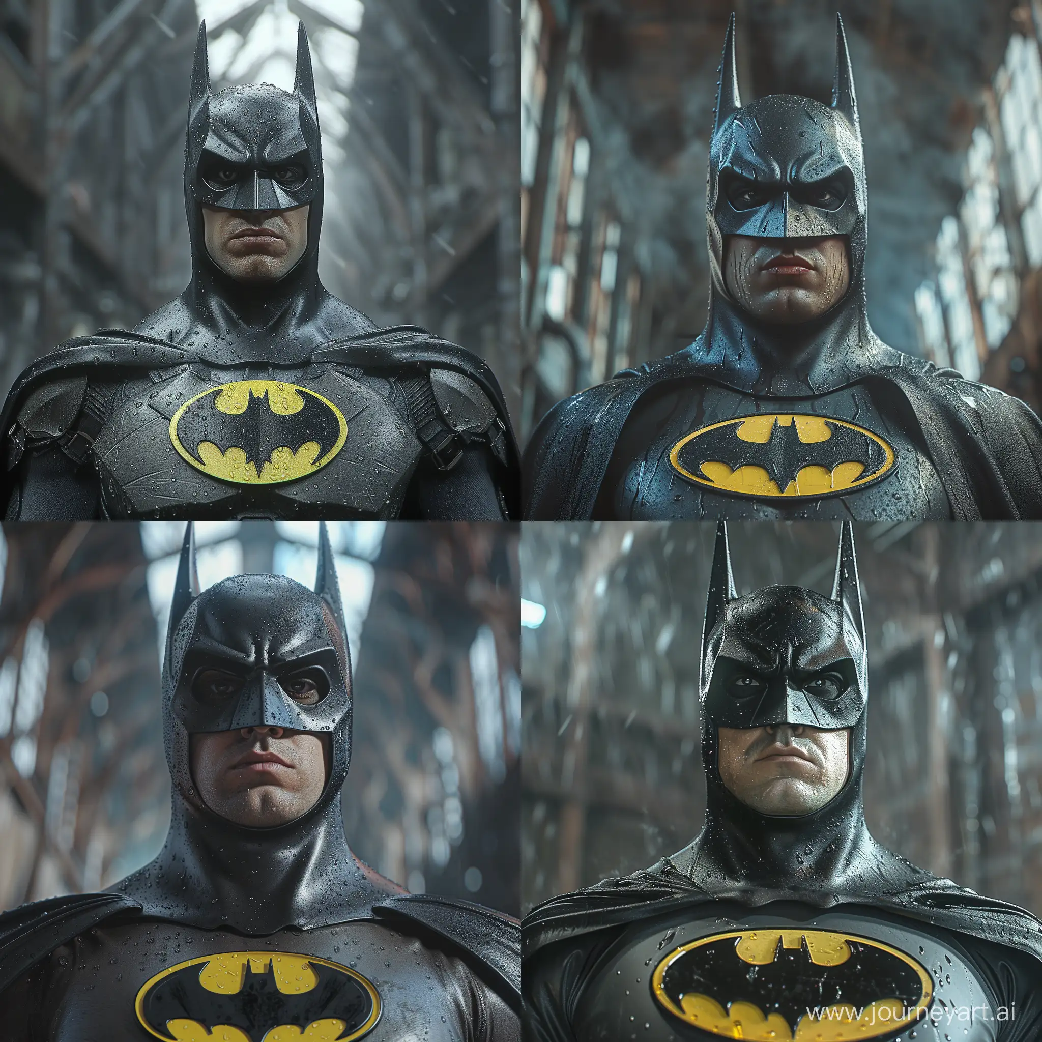 a full body of realistic batman 1989 costume, the opening for the eyes and lower part of the face. The character's expression is serious or stern, consistent with the typical portrayal of Batman as a determined and intense superhero. The costume appears to be made of a material that mimics the texture of leather, readiness to face danger. The lighting is dim, suggesting a dark or nighttime setting, which is characteristic of the Gotham City environment where batman often operates. The background is blurred and not clearly discernible, but it seems to be a gloomy and possibly industrial setting, adding to the overall dark and gritty atmosphere often associated with batman media --stylize 750 --s 750 --v 6