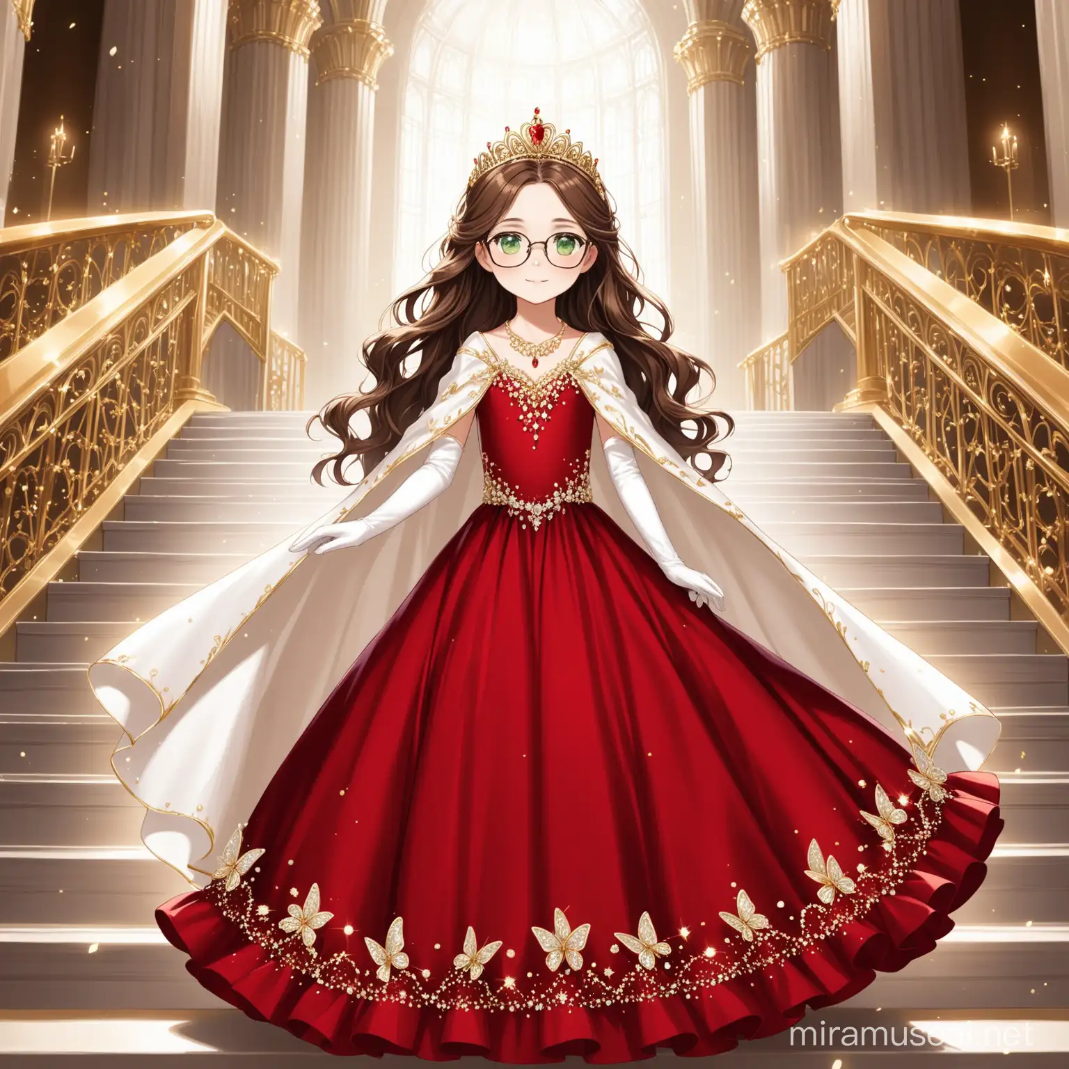 11 year old girl, long flowy brown hair, wavy red ball gown, white jeweled butterfly in her hair, gold tiara, white dainty shoes, white evening gloves, gold necklace, white cape, green eyes, black glasses, grand staircase, 