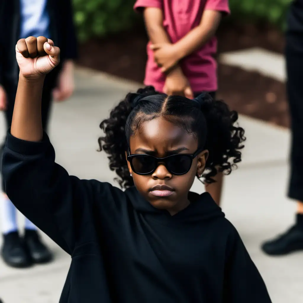 a picture of a school age black girl that appears to be ten. She is dressed up in all black and her fist is raised in protest. She is peaceful but stern. She is wearing dark shades. She appears to be ten years old
